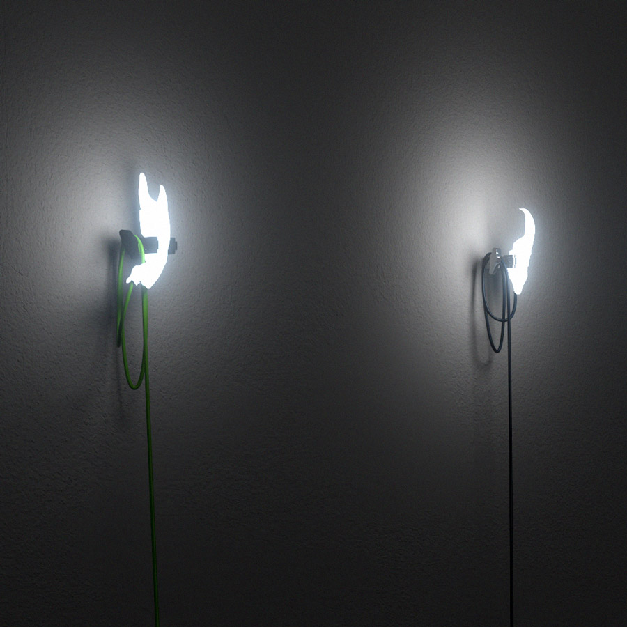 Ghost light, chelae talon sconce Ghost Light (chelae and talon sconces) studio view, 2019, bulbs on